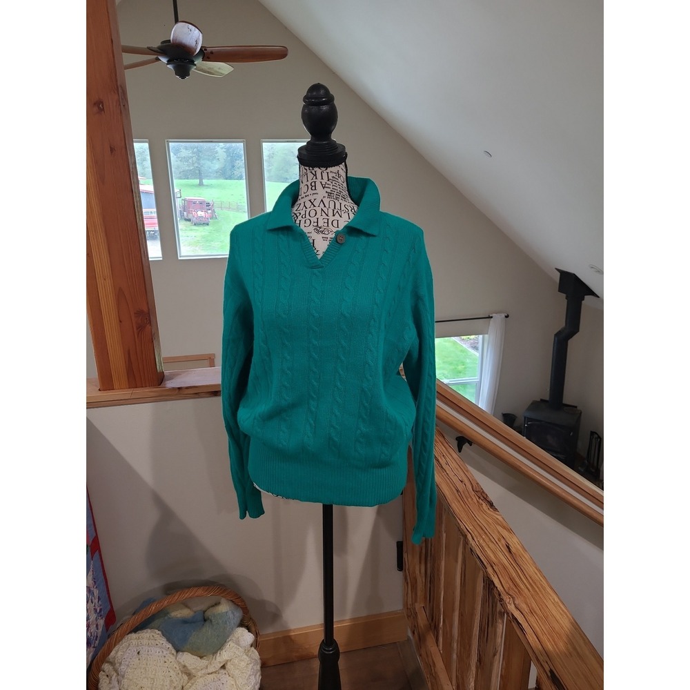 Vtg. Liz‎ Claiborne Lambs Wool Angora Blend Green cable knit  Women SZ M office